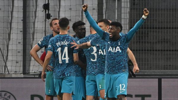 Tottenham's players celebrates scoring team's second goal during the UEFA Champions League group D football match between Olympique Marseille (OM) and Tottenham Hotspur at The Velodrome Stadium in Marseille, southern France on November 1, 2022. (Photo by CHRISTOPHE SIMON / AFP)