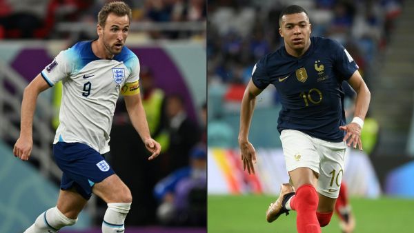 England's forward #09 Harry Kane and France's forward #10 Kylian Mbappe. England take on France on December 10, 2022 in the last of the World Cup quarter-finals. (Photo by ANDREJ ISAKOVIC and FRANCK FIFE / AFP)