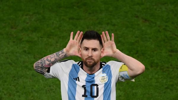 Argentina's forward #10 Lionel Messi celebrates after he scores his team's second goal from the penalty spot during the Qatar 2022 World Cup quarter-final football match between The Netherlands and Argentina at Lusail Stadium, north of Doha on December 9, 2022. (Photo by FRANCK FIFE / AFP)