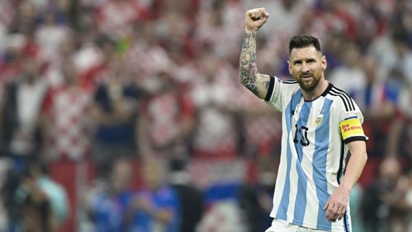 Argentina's forward #10 Lionel Messi celebrates scoring his team's first goal from the penalty spot during the Qatar 2022 World Cup football semi-final match between Argentina and Croatia at Lusail Stadium in Lusail, north of Doha on December 13, 2022. (Photo by JUAN MABROMATA / AFP)