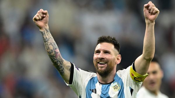  Argentina's forward #10 Lionel Messi celebrates after defeating Croatia 3-0 in the Qatar 2022 World Cup football semi-final match between Argentina and Croatia at Lusail Stadium in Lusail, north of Doha on December 13, 2022. (Photo by JUAN MABROMATA / AFP)