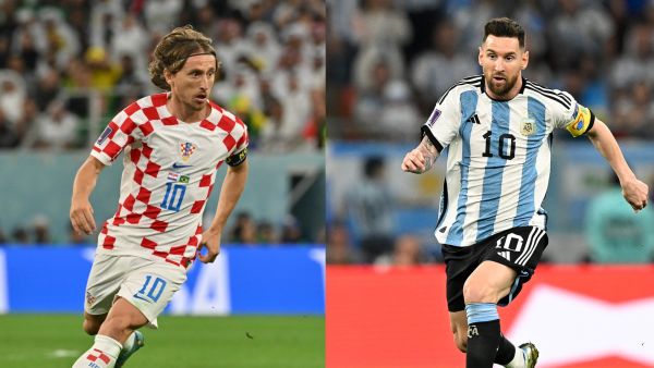 combination picture made on December 11, 2022 during the Qatar 2022 World Cup football tournament shows Croatia's midfielder Luka Modric (L) in Doha on December 9, 2022 and Argentina's forward Lionel Messi in Doha on December 3, 2022. Argentina will play Croatia in the Qatar 2022 World Cup football semi-final match in Doha on December 13, 2022. (Photo by Nelson ALMEIDA and Alfredo ESTRELLA / AFP)