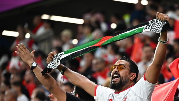 A fan holds up a 'Free Palestine' scarf in the crowd after the Qatar 2022 World Cup Group D football match between Denmark and Tunisia at the Education City Stadium in Al-Rayyan, west of Doha on November 22, 2022. (Photo by Anne-Christine POUJOULAT / AFP)