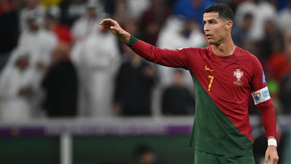 Portugal's forward #07 Cristiano Ronaldo greets the crowd after the Qatar 2022 World Cup round of 16 football match between Portugal and Switzerland at Lusail Stadium in Lusail, north of Doha on December 6, 2022. (Photo by Paul ELLIS / AFP)