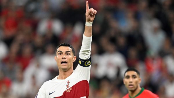 Portugal's forward #07 Cristiano Ronaldo gestures during the Qatar 2022 World Cup quarter-final football match between Morocco and Portugal at the Al-Thumama Stadium in Doha on December 10, 2022. (Photo by PATRICIA DE MELO MOREIRA / AFP)