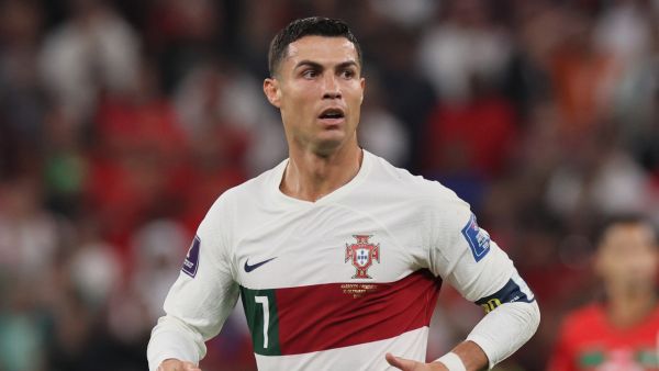Portugal's forward #07 Cristiano Ronaldo reacts during the Qatar 2022 World Cup quarter-final football match between Morocco and Portugal at the Al-Thumama Stadium in Doha on December 10, 2022. (Photo by KARIM JAAFAR / AFP)