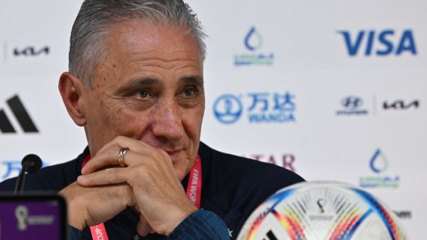 Brazil's coach Tite gives a press conference at the Qatar National Convention Center (QNCC) in Doha on December 8, 2022, on the eve of the Qatar 2022 World Cup quarter final football match between Brazil and Croatia. (Photo by NELSON ALMEIDA / AFP)