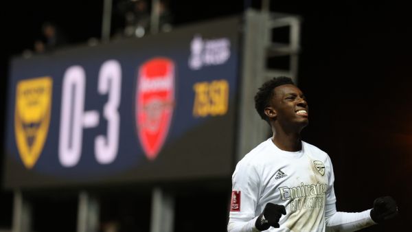 Arsenal's English striker Eddie Nketiah celebrates after scoring his team third goal during the FA Cup third round football match between Oxford United and Arsenal at the Kassam Stadium in Oxford, west of London, on January 9, 2023. (Photo by ADRIAN DENNIS / AFP)