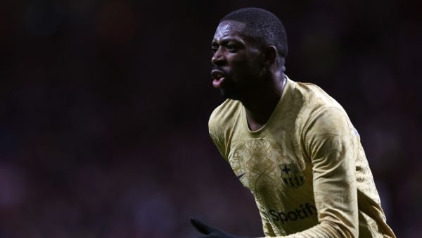 Barcelona's French forward Ousmane Dembele celebrates scoring the opening goal during the Spanish League football match between Club Atletico de Madrid and FC Barcelona at the Wanda Metropolitano stadium in Madrid on January 8, 2023. (Photo by Pierre-Philippe Marcou / AFP)