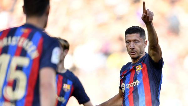 Barcelona's Polish forward Robert Lewandowski gestures during the Spanish League football match between FC Barcelona and RCD Espanyol at the Camp Nou stadium in Barcelona on December 31, 2022. (Photo by Pau BARRENA / AFP)
