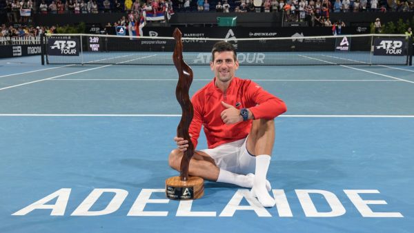 Serbian tennis player Novak Djokovic celebrates after winning the final of the ATP Adelaide International tournament against Sebastian Korda of the US in Adelaide on January 8, 2023. (Photo by Brenton EDWARDS / AFP)