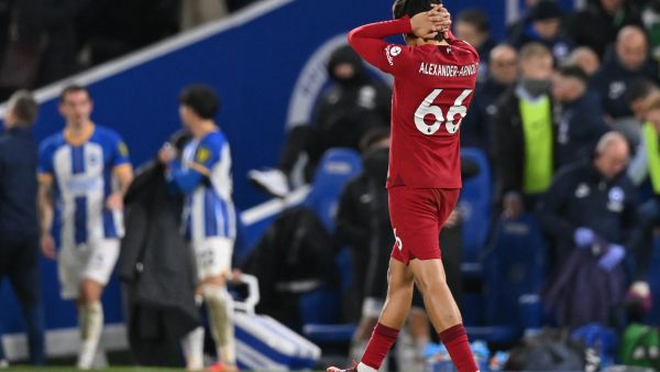 Liverpool's English defender Trent Alexander-Arnold reacts on the final whistle in the English Premier League football match between Brighton and Hove Albion and Liverpool at the American Express Community Stadium in Brighton, southern England on January 14, 2023. Brighton won the game 3-0. (Photo by Glyn KIRK / AFP)