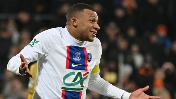 Paris Saint-Germain's French forward Kylian Mbappe celebrates after scoring a goal during the French Cup round of 32 football match between US Pays de Cassel and Paris Saint-Germain (PSG) at the Bollaert-Delelis stadium in Lens, northern France on January 23, 2023. (Photo by Francois LO PRESTI / AFP)