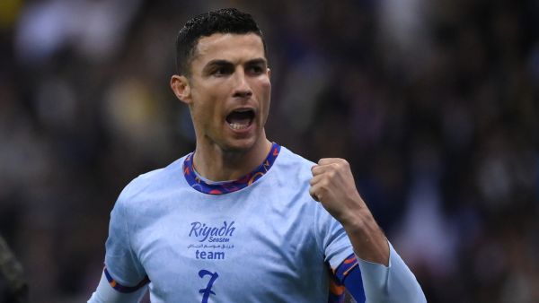 Riyadh All-Star's Portuguese forward Cristiano Ronaldo celebrates his team's third goal during the Riyadh Season Cup football match between the Riyadh All-Stars and Paris Saint-Germain at the King Fahd Stadium in Riyadh on January 19, 2023. (Photo by FRANCK FIFE / AFP)