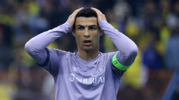 Nassr's Portuguese forward Cristiano Ronaldo reacts to a missed chance during the Saudi Super Cup semi-final football match between Al-Ittihad and Al-Nassr at the King Fahd Stadium in Riyadh on January 26, 2023. (Photo by Fayez NURELDINE / AFP)