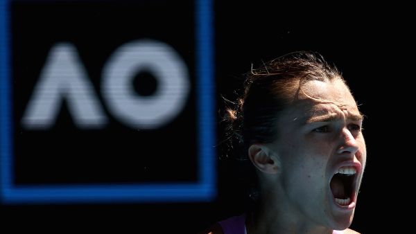 Belarus' Aryna Sabalenka reacts on a point against Croatia's Donna Vekic during their women's singles quarter-final match on day ten of the Australian Open tennis tournament in Melbourne on January 25, 2023. (Photo by DAVID GRAY / AFP)