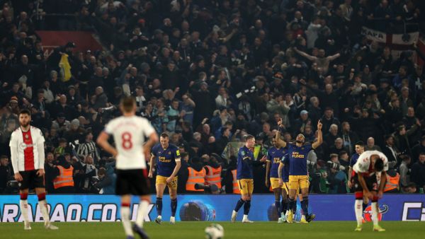 Newcastle United's Brazilian striker Joelinton celebrates scoring the opening goal during the English League Cup semi-final first-leg football match between Southampton and Newcastle United at St Mary's Stadium in Southampton, southern England on January 24, 2023. (Photo by ADRIAN DENNIS / AFP)