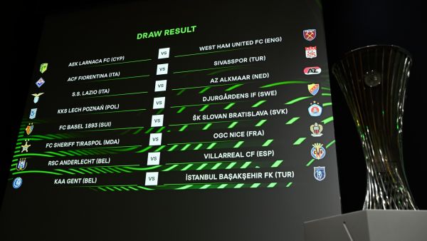 This photograph shows the draw result of the UEFA Europa Conference League and the trophy after the draw for the round of 16 of the 2022-2023 UEFA Europa Conference League football tournament in Nyon, on February 24, 2023. (Photo by Fabrice COFFRINI / AFP)