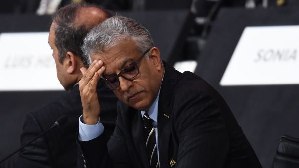 Asian Football Confederation (AFC) president Salman Bin Ibrahim Al-Khalifa (L) reacts at the 69th FIFA Congress at Paris Expo, Porte de Versailles in Paris on June 5, 2019. AFP / FRANCK FIFE