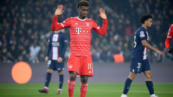Bayern Munich's French forward Kingsley Coman celebrates scoring his team's first goal during first leg of the UEFA Champions League round of 16 football match between Paris Saint-Germain (PSG) and FC Bayern Munich at the Parc des Princes stadium in Paris on February 14, 2023. (Photo by FRANCK FIFE / AFP)