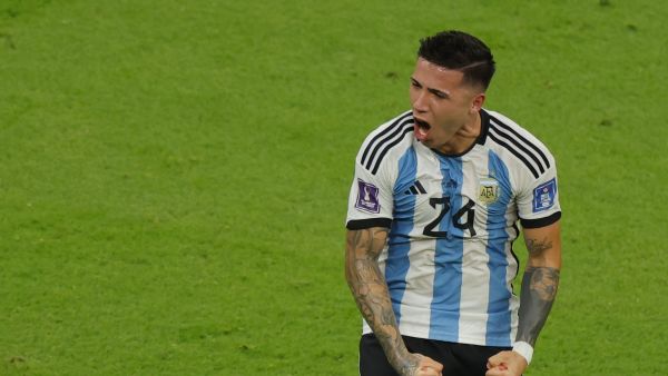 Argentina's midfielder #24 Enzo Fernandez celebrates scoring his team's second goal during the Qatar 2022 World Cup Group C football match between Argentina and Mexico at the Lusail Stadium in Lusail, north of Doha on November 26, 2022. (Photo by Odd ANDERSEN / AFP)