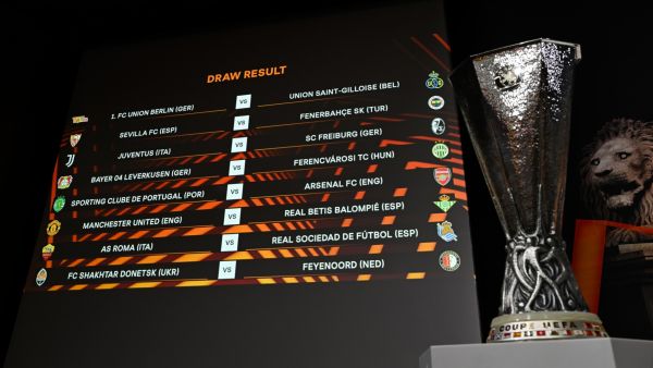 This photograph shows the draw result and the UEFA Europa League trophy after the draw for the round of 16 of the 2022-2023 UEFA Europa League football tournament in Nyon, on February 24, 2023. (Photo by Fabrice COFFRINI / AFP)