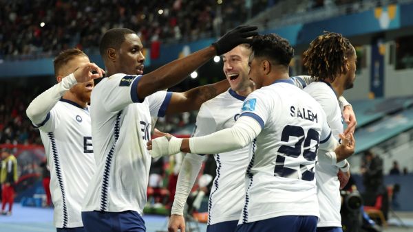 Hilal's players celebrate their team's second goal during the FIFA Club World Cup semi-final football match between Brazil's Flamengo and Saudi Arabia's Al-Hilal at the Ibn Batouta Stadium in Tangier on February 7, 2023. (Photo by FADEL SENNA / AFP)