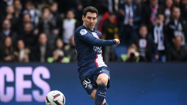 Paris Saint-Germain's Argentine forward Lionel Messi kicks the ball during the French L1 football match between Paris Saint-Germain (PSG) and Lille LOSC at The Parc des Princes Stadium in Paris on February 19, 2023. (Photo by FRANCK FIFE / AFP)