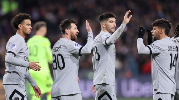 Paris Saint-Germain's Argentine forward Lionel Messi (2ndL) celebrates with teammates after scoring a goal during the French L1 football match between Montpellier Herault SC and Paris Saint-Germain (PSG) at Stade de la Mosson in Montpellier, southern France on February 1, 2023. (Photo by Pascal GUYOT / AFP)