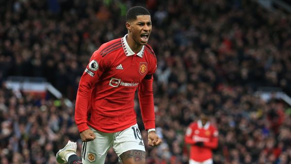 Manchester United's English striker Marcus Rashford celebrates after scoring his team's second goal during the English Premier League football match between Manchester United and Crystal Palace at Old Trafford in Manchester, north west England, on February 4, 2023. (Photo by Lindsey Parnaby / AFP)