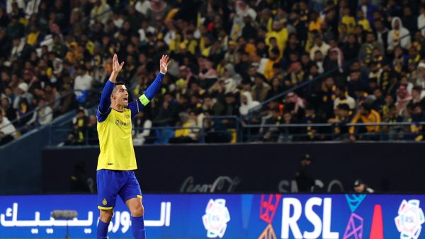 Nassr's Portuguese forward Cristiano Ronaldo gestures during the Saudi Pro League football match between Al-Nassr and Al-Ettifaq at the King Fahd Stadium in the Saudi capital Riyadh on January 22, 2023. (Photo by Fayez Nureldine / AFP)
