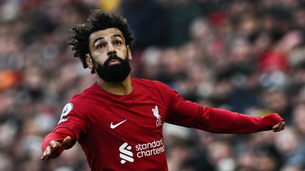 Liverpool's Egyptian striker Mohamed Salah reacts during the English Premier League football match between Liverpool and Chelsea at Anfield in Liverpool, north west England on January 21, 2023. (Photo by Paul ELLIS / AFP)