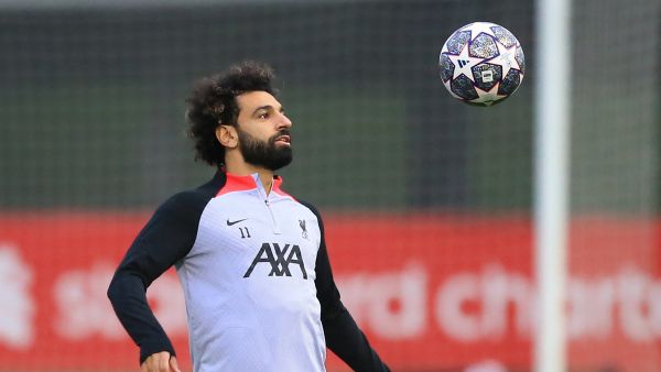 Liverpool's Egyptian striker Mohamed Salah takes part in a team training session at the AXA Training Centre in Liverpool, north-west England on February 20, 2023, on the eve of the UEFA Champions League round of 16 first leg football match against Real Madrid. (Photo by Lindsey Parnaby / AFP)