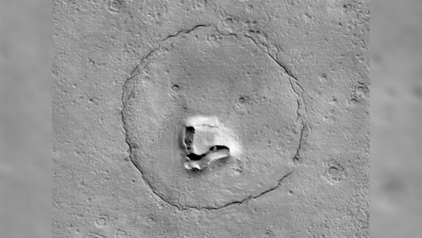 a satellite image of Mars showing a teddy bear face printed on Martian rocks. (NASA/JPL-CALTECH/UARIZONA) teddy bear