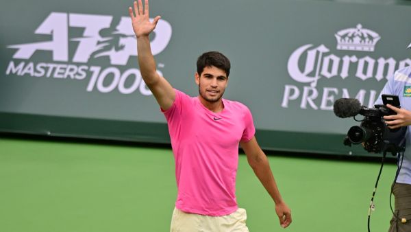 Carlos Alcaraz of Spain celebrates victory over Daniil Medvedev of Russia in the men's final at the 2023 ATP Indian Wells Open on March 19, 2023 in Indian Wells, California. (Photo by Frederic J. BROWN / AFP)