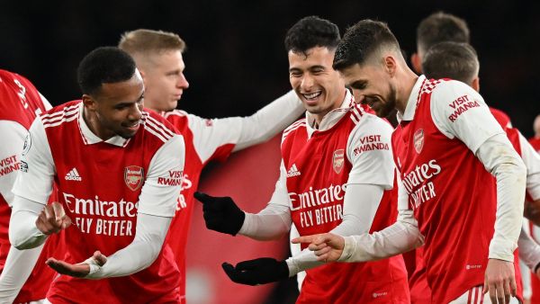 Arsenal's Brazilian midfielder Gabriel Martinelli celebrates scoring the team's second goal with Arsenal's Brazilian striker Gabriel Jesus (L) and Arsenal's Italian midfielder Jorginho during the English Premier League football match between Arsenal and Everton at the Emirates Stadium in London on March 1, 2023. (Photo by Glyn KIRK / AFP)