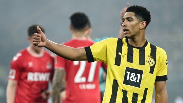 Dortmund's English midfielder Jude Bellingham gestures during the German first division Bundesliga football match between Borussia Dortmund and FC Cologne in Dortmund on March 18, 2023. (Photo by INA FASSBENDER / AFP)