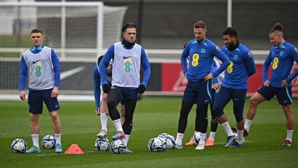 England's defender Kieran Trippier (L), England's midfielder Jack Grealish(3L), England's midfielder Jordan Henderson (3R), England's defender Reece James (2R) and England's midfielder Kalvin Phillips attend a team training session at St George's Park in Burton-on-Trent, central England, on March 21, 2023 ahead of of their UEFA EURO 2024 qualifier football match against Italy. (Photo by Paul ELLIS / AFP)