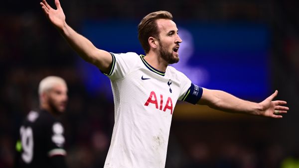Tottenham Hotspur's English striker Harry Kane reacts during the UEFA Champions League round of 16, first leg football match between AC Milan and Tottenham Hotspur on February 14, 2023 at the San Siro stadium in Milan. (Photo by Marco BERTORELLO / AFP)