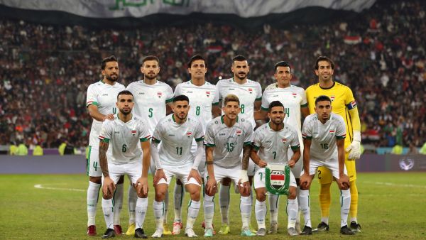 Iraq's starting eleven pose for a group photo before the start of the 25th Arabian Gulf Cup final football match between Iraq and Oman at the Basra International Stadium in Iraq's southern city on January 19, 2023. (Photo by Hussein FALEH / AFP)