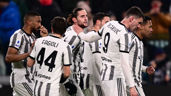 Juventus' French midfielder Adrien Rabiot (C) celebrates a goal with teammates during the Italian Serie A football match between Juventus and Torino at the Juventus Stadium in Turin on February 28, 2023. (Photo by MARCO BERTORELLO / AFP)