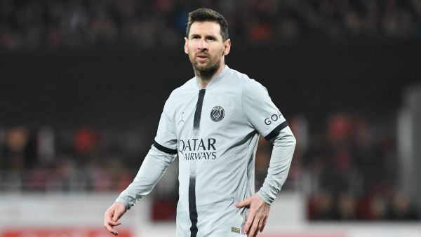 Paris Saint-Germain's Argentine forward Lionel Messi reacts during the French L1 football match between Stade Brestois 29 (Brest) and Paris Saint-Germain FC at Stade Francis-Le Ble in Brest, western France on March 11, 2023. (Photo by FRED TANNEAU / AFP)