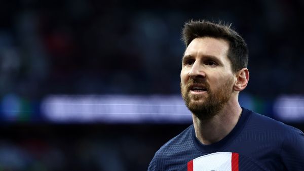 Paris Saint-Germain's Argentine forward Lionel Messi reacts during the French L1 football match between Paris Saint-Germain (PSG) and Stade Rennais FC at The Parc des Princes Stadium in Paris on March 19, 2023. (Photo by Anne-Christine POUJOULAT / AFP)