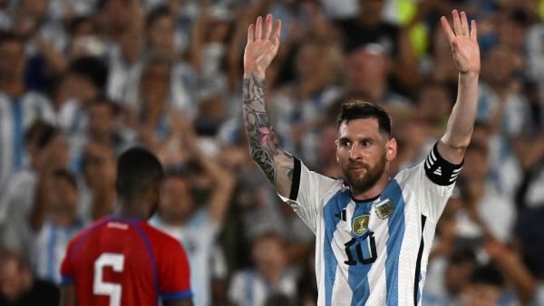 Argentina's forward Lionel Messi celebrates after scoring during the friendly football match between Argentina and Panama, at the Monumental stadium in Buenos Aires, on March 23, 2023. (Photo by Luis ROBAYO / AFP)