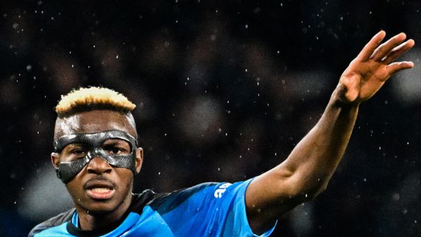 Napoli's Nigerian forward Victor Osimhen reacts during the Italian Serie A football match between Napoli and Lazio on March 3, 2023 at the Diego-Maradona stadium in Naples. (Photo by Alberto PIZZOLI / AFP)