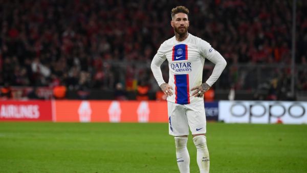 Paris Saint-Germain's Spanish defender Sergio Ramos reacts after the UEFA Champions League round of 16, 2nd-leg football match FC Bayern Munich v Paris Saint-Germain FC in Munich, southern Germany, on March 8, 2023. (Photo by FRANCK FIFE / AFP)