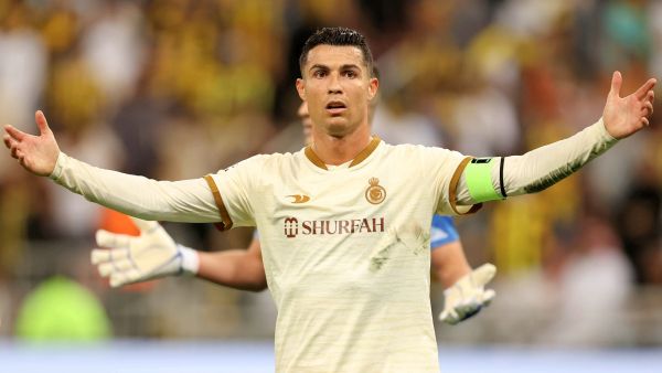Nassr's Portuguese forward Cristiano Ronaldo reacts during the Saudi Pro League football match between al-Ittihad and al-Nassr at King Abdullah Sport City Stadium in Jeddah on March 9, 2023. (Photo by AFP)