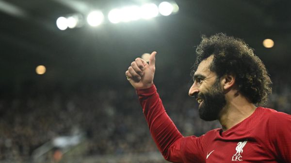 Liverpool's Egyptian striker Mohamed Salah reacts during the English Premier League football match between Newcastle United and Liverpool at St James' Park in Newcastle-upon-Tyne, north east England on February 18, 2023. (Photo by Oli SCARFF / AFP)