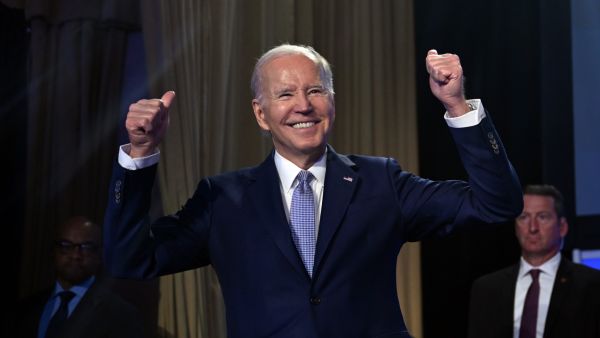 US President Joe Biden acknowledges the crowd during an event on the creation of new manufacturing jobs at the Washington Hilton in Washington, DC, April 25, 2023. Biden announced Tuesday his bid "to finish the job" with re-election in 2024. (Photo by Jim WATSON / AFP)