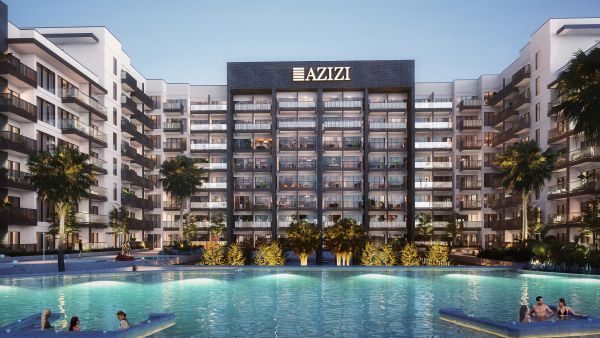 Beach Oasis pool evening. Azizi Developments sells nearly all of its 256 pool-facing units at Beach Oasis